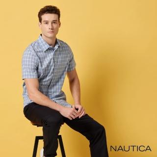 【NAUTICA】男裝 吸濕排汗寬格紋短袖襯衫(藍色)