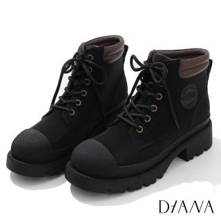 【DIANA】4 cm磨砂牛皮雙色拼接率性綁帶厚底低跟低跟短靴(磨砂黑)