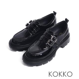 【KOKKO】復古圓頭雙釦帶厚底樂福鞋(漆皮黑)