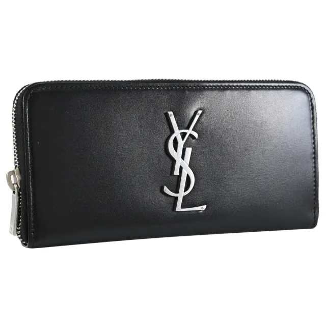 【YSL】MONOGRAM 簡約字母LOGO質感小牛皮拉鍊發財零錢長夾(黑)