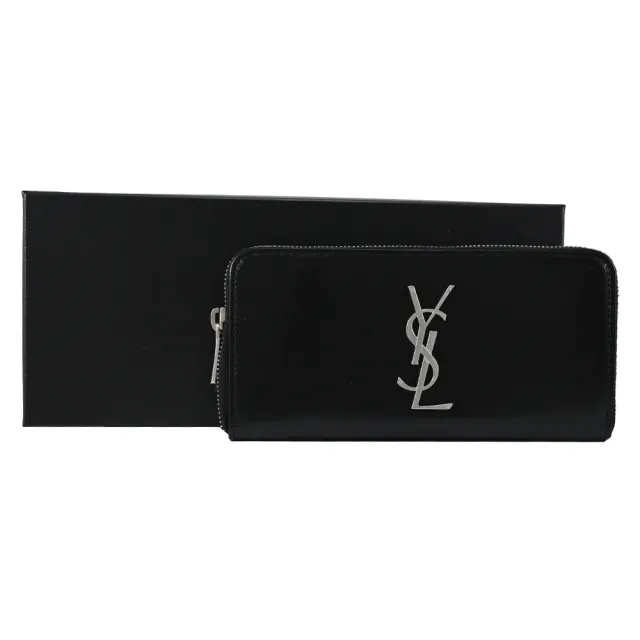 【YSL】MONOGRAM 簡約字母LOGO質感小牛皮拉鍊發財零錢長夾(黑)