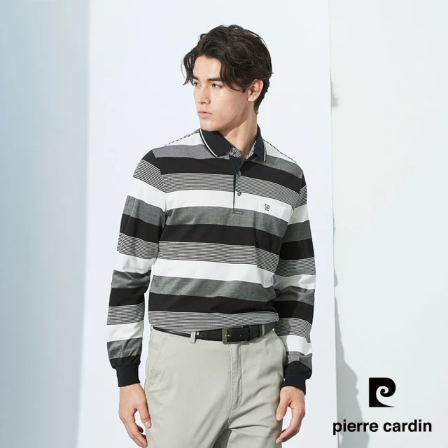 pierre cardin 皮爾卡登 網路獨家 男款 棉質混紡網眼條紋薄長袖POLO衫-黑色(7225265-99)