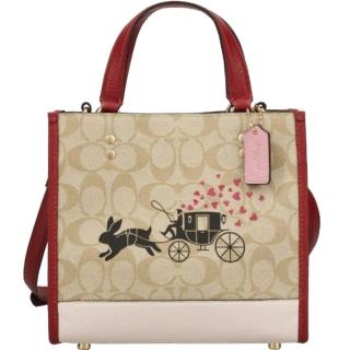 【COACH】Dempsey Tote 22兔兔X愛心馬車X焦糖咖啡PVC滿版LOGO小款手提斜背包