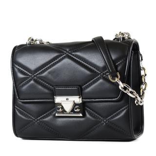 【Michael Kors】SERENA 菱格紋翻蓋鍊帶肩背/斜背二用包-銀釦黑/中