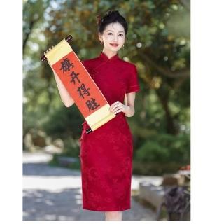 【巴黎精品】現貨+預購 連身裙改良式旗袍(新中式短袖提花收腰小禮服女裙子a1gc38)