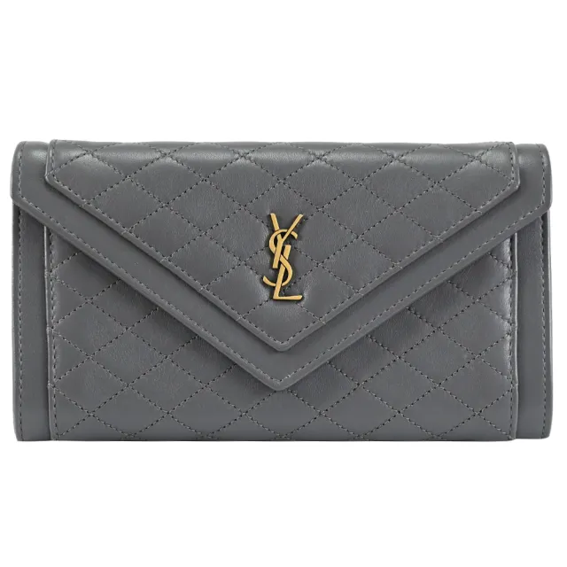 【YSL】經典字母LOGO菱格縫線小羊皮信封扣式發財零錢長夾(深灰)