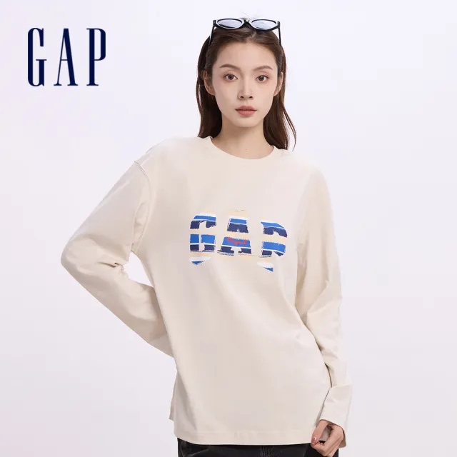 【GAP】女裝 Logo純棉印花圓領長袖T恤 水洗棉系列-米色(622464)