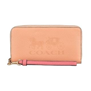 【COACH】COACH壓印LOGO拉鍊12牛皮長夾(珊瑚橘粉)