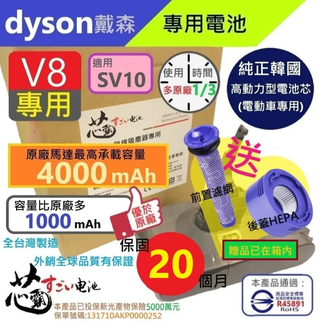 【芯霸電池】Dyson 戴森 V8 4000mAh SV10 吸塵器專用台灣製造電池 內附好禮(全台製 保固20個月)