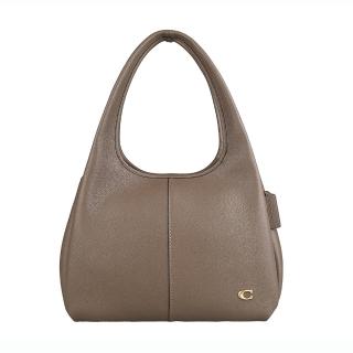 【COACH】COACH Lana簡約立體金屬字LOGO荔枝紋設計小牛皮磁釦式肩背包(灰褐)
