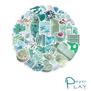 【Paper Play】創意多用途防水貼紙-INS風薄荷綠色系物件 50枚入(防水貼紙 行李箱貼紙 手機貼紙 水壺貼紙)