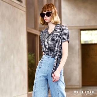 【mia mia】格紋荷葉V領綁帶上衣