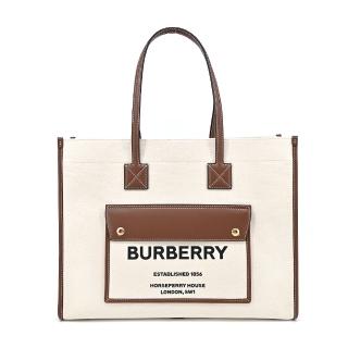 【BURBERRY 巴寶莉】新款 Freya 帆布拼接皮革中款手提/肩背包(米X棕)