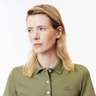 【LACOSTE】女裝-L.12.D 修身彈性迷你網眼短袖Polo衫(草地綠)