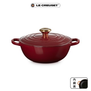 【Le Creuset】典藏琺瑯鑄鐵鍋媽咪鐵鍋24cm(醇酒紅-金頭-內鍋黑)