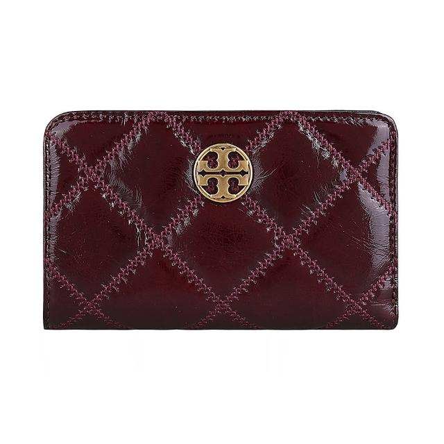 【TORY BURCH】TORY BURCH Willa經典圓形雙T金字LOGO菱格縫線設計漆皮10卡扣式對折中夾(深果醬紅)