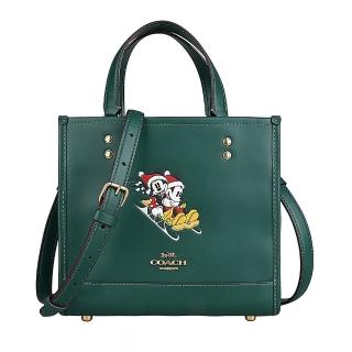【COACH】COACH Tote 22簍空立體字LOGO迪士尼聯名款米奇米妮雪橇設計磁扣手提斜背托特包(深綠)