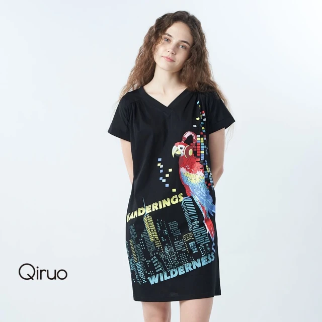 Qiruo 奇若名品 專櫃黑色時尚V嶺小洋裝2068F 彩色鸚鵡圖騰(M-2XL)