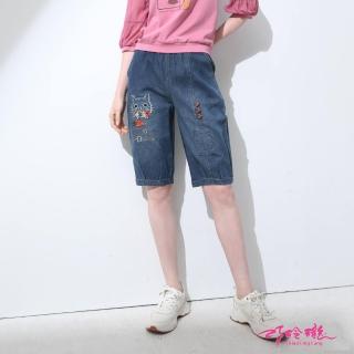 【巧玲瓏】可愛貓咪縮口牛仔五分褲 7562949