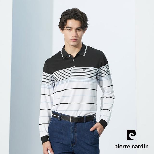 【pierre cardin 皮爾卡登】網路獨家 男款 吸濕排汗條紋定位薄長袖POLO衫-黑色(7225264-99)