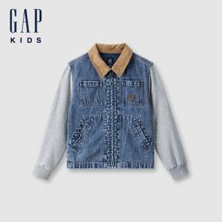 【GAP】兒童裝 Logo純棉刺繡翻領牛仔外套-藍灰拼接(641790)