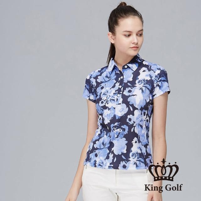 【KING GOLF】MOMO特談-女款花卉暈染印圖造型POLO衫(藍色)