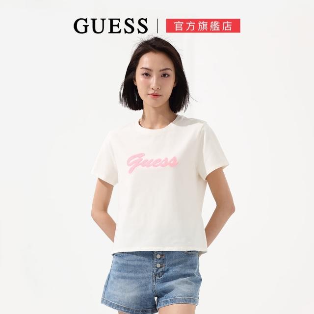 【GUESS】造型撞色搭配草寫LOGO短袖上衣(三色任選)