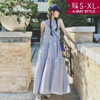 【艾美時尚】連身裙 中大尺碼女裝 背心裙 甜美條紋層次蛋糕裙無袖長洋裝。S-XL(條紋.預購)