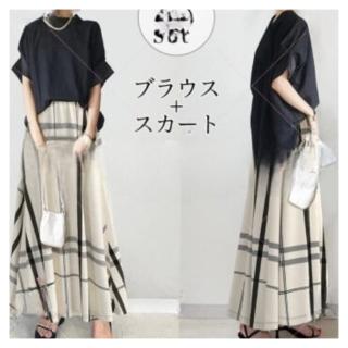 【ASister 小姊姊】套裝/洋裝☆2件式套裝 *圓領蝙蝠袖*短袖上衣+英倫格紋長裙(黑衣+米黑格裙 S-L #AS0608)