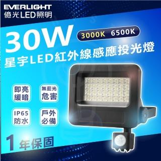 【Everlight 億光】單入 30W 星宇感應LED投光燈 感應燈 IP65(白光 6500K / 黃光 3000K)