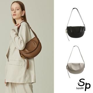 【Sp house】時尚褶皺全真牛皮側肩斜背女用馬鞍包(3色可選)
