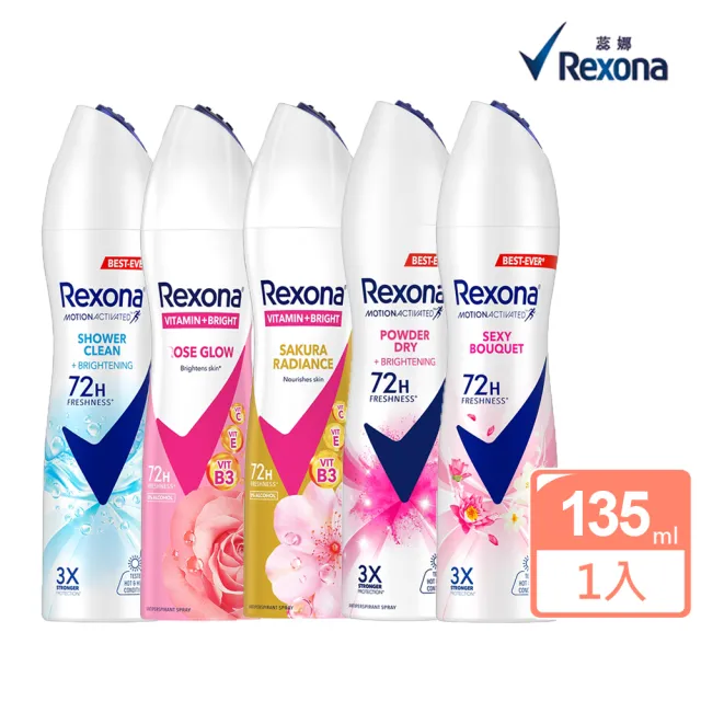 【Rexona 蕊娜】制汗爽身噴霧135ML(完美透亮櫻花/完美透亮玫瑰/魅惑香氛/沐浴淨亮/亮白乾爽)