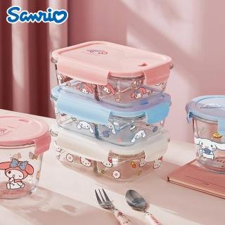 【SANRIO 三麗鷗】大耳狗凱蒂貓美樂蒂2格玻璃保鮮盒便當盒(可微波)