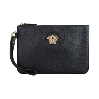 【VERSACE 凡賽斯】VERSACE金屬美杜莎LOGO荔枝牛皮拉鍊手拿包(黑)
