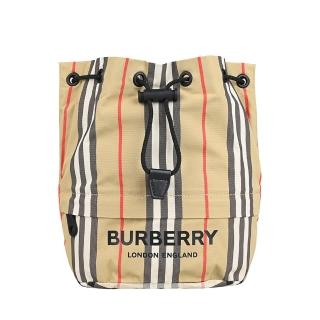 【BURBERRY 巴寶莉】BURBERRY黑字印花LOGO格紋設計尼龍束口手提水桶包(典藏米)