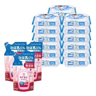 【Baan 貝恩】保養柔濕巾18包+愛樂寶 寶貝無新增奶嘴奶瓶清潔補貨組(450ml*3)