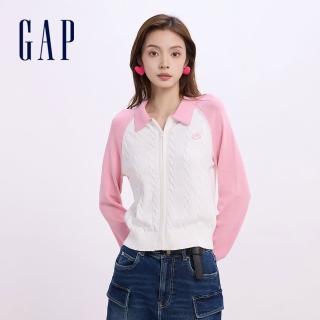 【GAP】女裝 Logo翻領長袖針織外套-白粉拼接(638112)