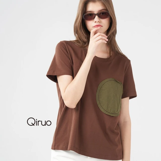 Qiruo 奇若名品 春夏專櫃咖啡色上衣3039A 短袖圓領口袋造型(M-2XL)