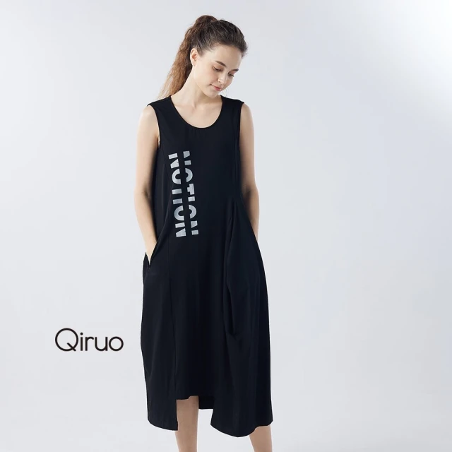 Qiruo 奇若名品 春夏專櫃黑色背心洋裝3024F 簡約個性英文版(M-2XL)