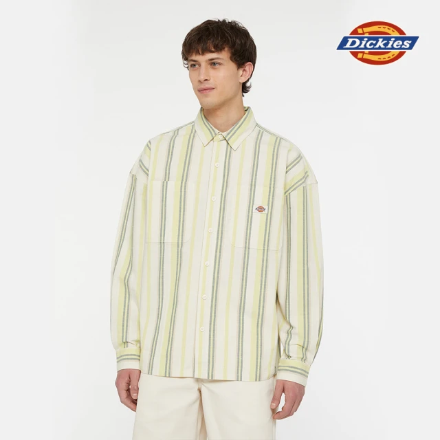 Dickies 男款雲白色直條紋純棉胸前雙口袋寬鬆長袖襯衫｜DK012952J48