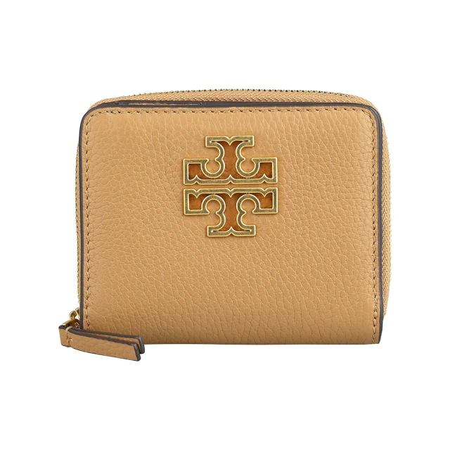 TORY BURCH TORY BURCH Britten仿舊金框LOGO荔枝紋小牛皮4卡釦式拉鍊短夾(淺提拉米蘇棕)