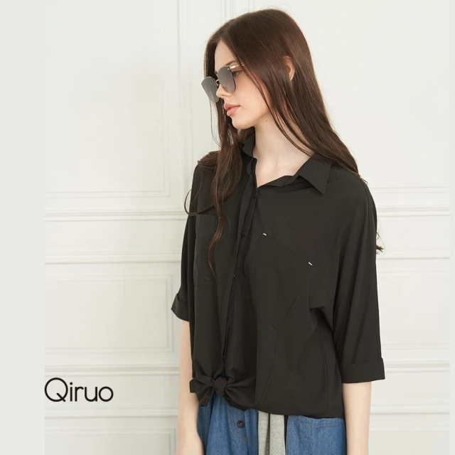 Qiruo 奇若名品 春夏專櫃黑色休閒襯衫8817A 腰間蝴蝶結上衣(M-2XL)