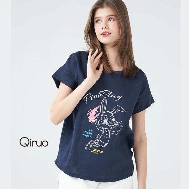 Qiruo 奇若名品 春夏專櫃藍色短袖上衣1152A 英文小白兔圖(M-2XL)