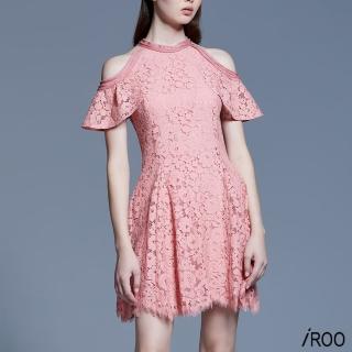 【iROO】粉蕾絲削肩華麗短禮服