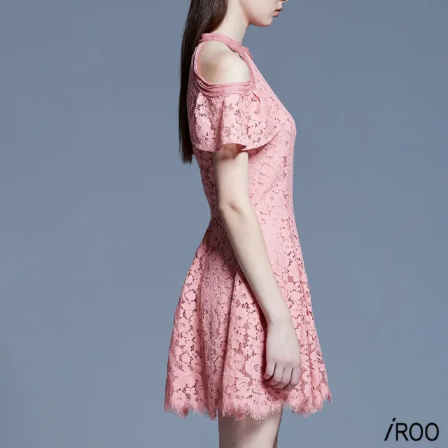 【iROO】粉蕾絲削肩華麗短禮服