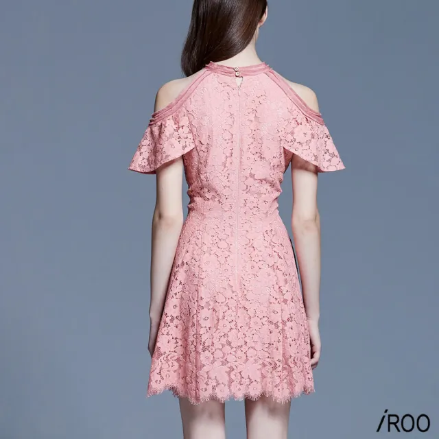 【iROO】粉蕾絲削肩華麗短禮服