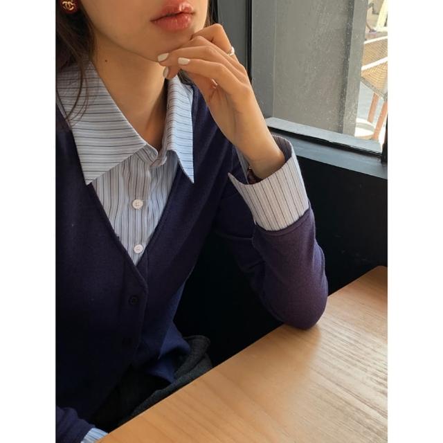 【巴黎精品】現貨+預購 襯衫長袖針織衫(假兩件拼接條紋毛衣女裝2色a1fx74)