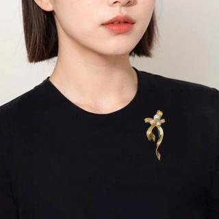 【LEESA】珍珠胸針\配飾\禮物\復古胸針\金屬胸針\金色胸針\蝴蝶結胸針\絲帶別針\造型胸針\圍巾