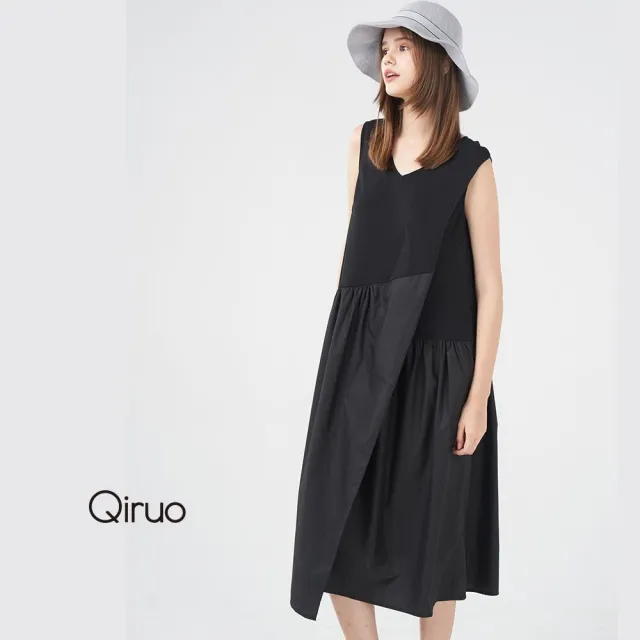 【Qiruo 奇若名品】背心式V領 棉質紗質雙材質拼接  設計 黑長洋裝3021F
