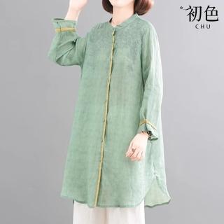【初色】亞麻復古風純色刺繡寬鬆單排釦九分袖長袖襯衫上衣女上衣-共5色-36783(M-3XL可選)